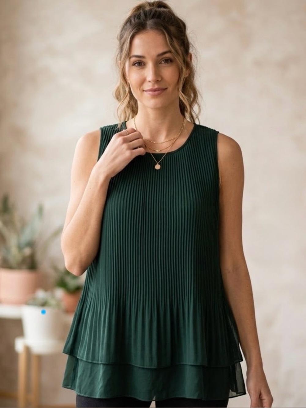 ZARA | Dark Green Pleated Sleeveless Blouse